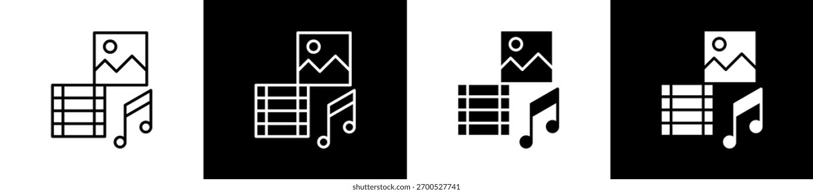 Conjunto de iconos de medios en línea y estilo de glifo sobre fondo blanco y negro