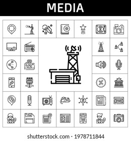 media icon set. line icon style. media related icons such as antenna, newspaper, vhs, voice, tv, audiobook, news reporter, sound, screen, diskette, networking, advertising, carousel
