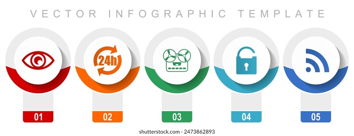 Media icon set, miscellaneous vector icons such as eye, 24h, music recorder, padlock and signal, modern design infographic template, web buttons in 5 color options