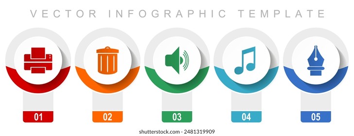 Media icon set, miscellaneous vector icons such as printer, trash can, speaker, note and pen, modern design infographic template, web buttons in 5 color options