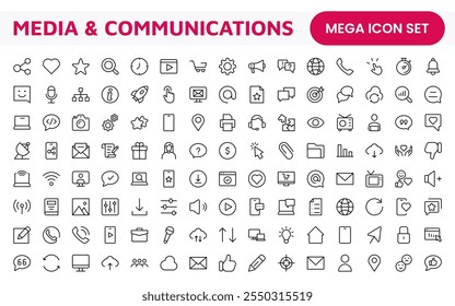 Media Icon Set. A sleek and modern collection of icons designed for the media industry, perfect for enhancing news platforms, entertainment apps, and digital marketing materials.