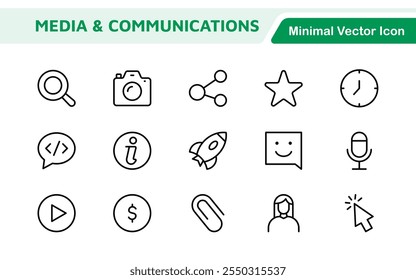 Conjunto de iconos de medios. Una elegante y moderna colección de íconos diseñada para la industria de los medios, perfecta para mejorar las plataformas de noticias, App de entretenimiento y materiales de marketing digital.