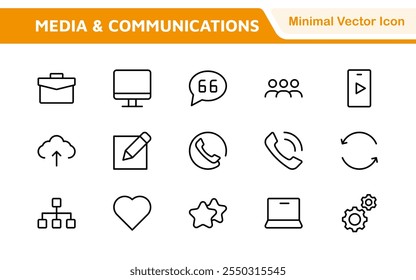 Media Icon Set. A sleek and modern collection of icons designed for the media industry, perfect for enhancing news platforms, entertainment apps, and digital marketing materials.