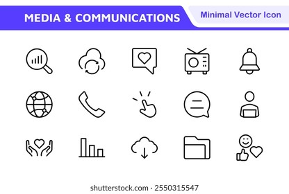 Media Icon Set. A sleek and modern collection of icons designed for the media industry, perfect for enhancing news platforms, entertainment apps, and digital marketing materials.