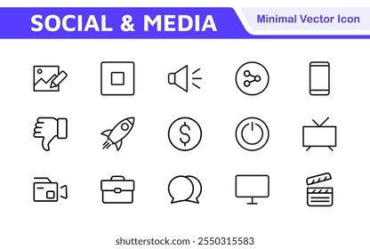 Media Icon Set. A sleek and modern collection of icons designed for the media industry, perfect for enhancing news platforms, entertainment apps, and digital marketing materials.