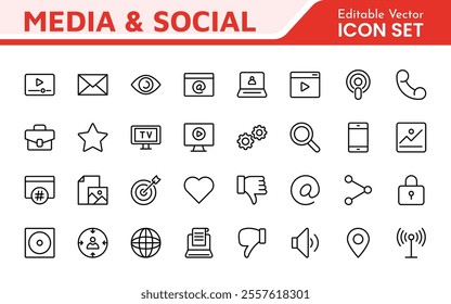 Media Icon Set. A sleek and modern collection of icons designed for the media industry, perfect for enhancing news platforms, entertainment apps, and digital marketing materials.