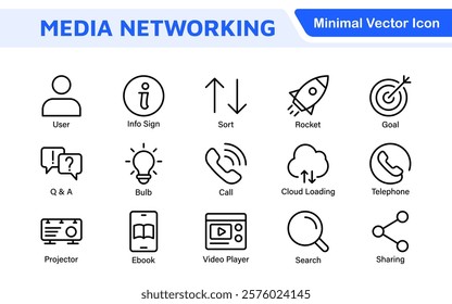 Media Icon Set. A sleek and modern collection of icons designed for the media industry, perfect for enhancing news platforms, entertainment apps, and digital marketing materials.