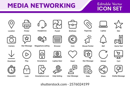 Media Icon Set. A sleek and modern collection of icons designed for the media industry, perfect for enhancing news platforms, entertainment apps, and digital marketing materials.