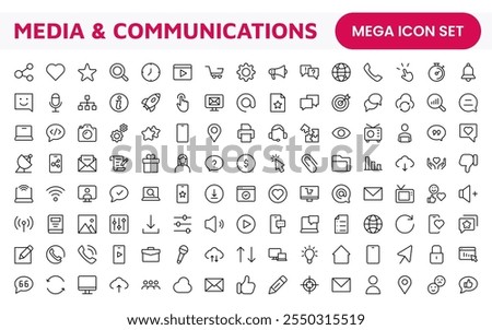 Media Icon Set. A sleek and modern collection of icons designed for the media industry, perfect for enhancing news platforms, entertainment apps, and digital marketing materials.