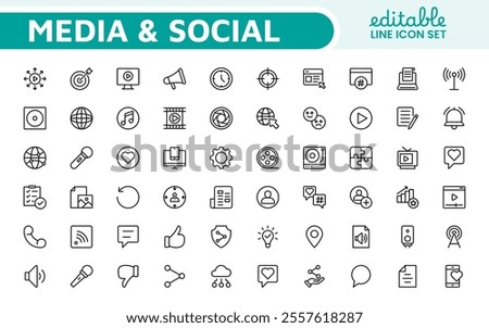 Media Icon Set. A sleek and modern collection of icons designed for the media industry, perfect for enhancing news platforms, entertainment apps, and digital marketing materials.