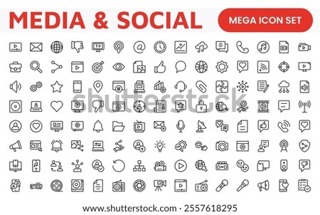 Media Icon Set. A sleek and modern collection of icons designed for the media industry, perfect for enhancing news platforms, entertainment apps, and digital marketing materials.