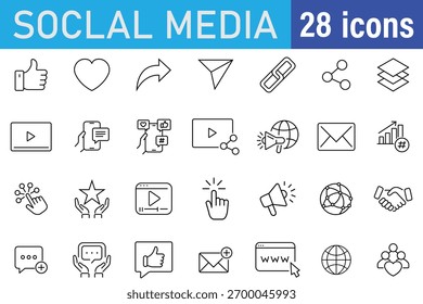 Mediensymbolsatz. Symbolsatz für die Interaktion mit sozialen Medien. wie, Kommentar, teilen, posten, Nachricht und mehr. Piktogramme und Infografiken für mobile Apps. Sammlung von Symbolen, die für die Medienbranche entwickelt wurden. 