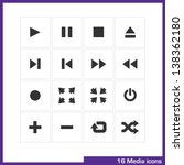 Media icon set. Vector pictograms for web, computer and mobile apps: play, pause, stop, eject, end, first, ffw, frw, record, full screen, cut down, switch off, add, remove, repeat and shuffle symbol