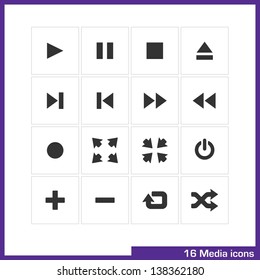 Media icon set. Vector pictograms for web, computer and mobile apps: play, pause, stop, eject, end, first, ffw, frw, record, full screen, cut down, switch off, add, remove, repeat and shuffle symbol