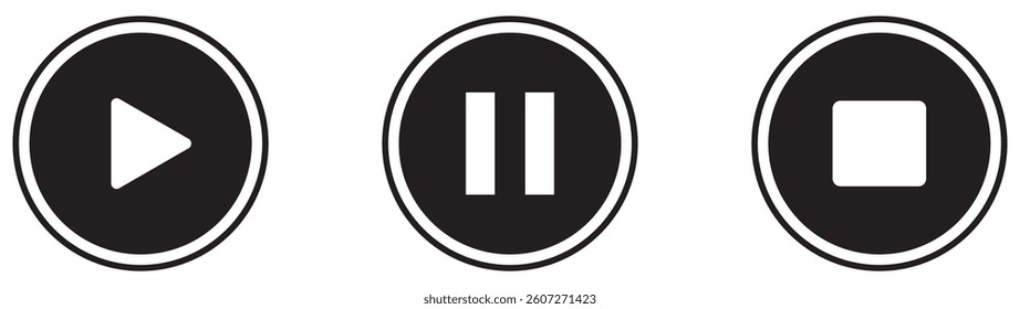Media icon showing play, pause and stop buttons in a clean circular style for audio players, video controls, navigation elements and interface tools.