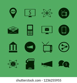 media icon. media vector icons set atom, phone technology, tv and sale location