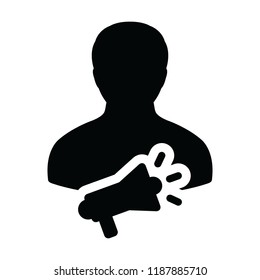 Media icon vector male person profile avatar symbol with megaphone for advertising campaign in glyph pictogram illustration