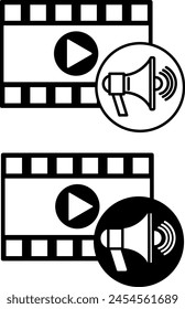 Mediensymbole Schwarz-Weiß-Vektorsymbole. Filmstreifen, Play Button und Lautsprecher. Marketing, Bloggen. Kommunikationsmittel und Informationsübertragung. Social Media-Konzept