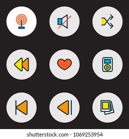 Media icons colored line set with gallery, favorite, broadcast and other start elements. Isolated vector illustration media icons.