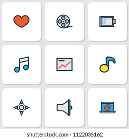 Media icons colored line set with low battery, music, musical note and other arrow elements. Isolated vector illustration media icons.