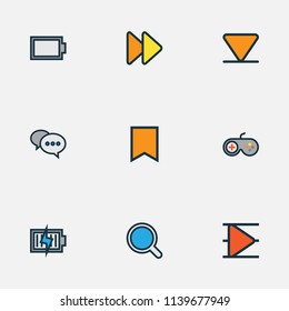 Media icons colored line set with arrow down, search, comment and other energy elements. Isolated vector illustration media icons.