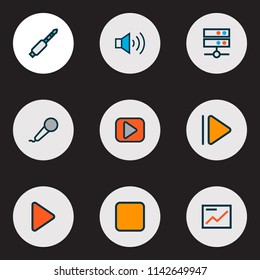 Media icons colored line set with media server, upward, presentation and other pause elements. Isolated vector illustration media icons.