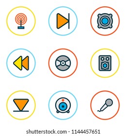 Media icons colored line set with broadcast, arrow down, amplifier and other broadcast elements. Isolated vector illustration media icons.