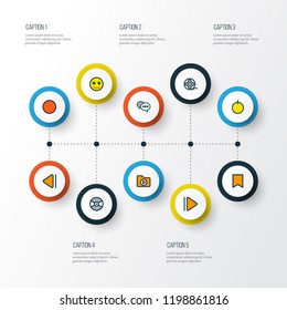 Media icons colored line set with comment, film reel, record and other power elements. Isolated vector illustration media icons.