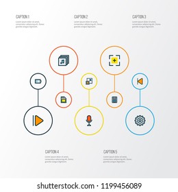 Media icons colored line set with minimize, upward, low battery and other speaker elements. Isolated vector illustration media icons.