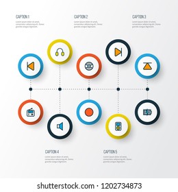 Media icons colored line set with record, backward, end and other earmuff elements. Isolated vector illustration media icons.