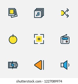 Media icons colored line set with charging, start, albums and other tuner elements. Isolated vector illustration media icons.