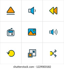 Media icons colored line set with megaphone, volume up, image and other refresh elements. Isolated vector illustration media icons.