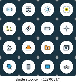 Media icons colored line set with quarter, charge, audio mixer and other media folder elements. Isolated vector illustration media icons.