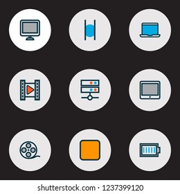 Media icons colored line set with stop, charge, laptop and other datacenter elements. Isolated vector illustration media icons.