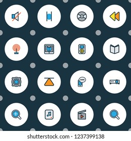Media icons colored line set with speaker, projector, magnifier and other mute elements. Isolated vector illustration media icons.