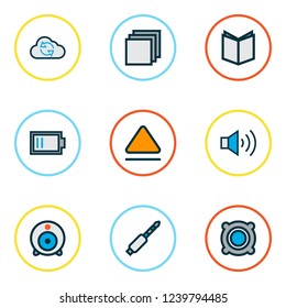 Media icons colored line set with categories, speaker, textbook and other audio elements. Isolated vector illustration media icons.