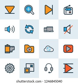 Media icons colored line set with sound off, end, arrow down and other maximize elements. Isolated vector illustration media icons.