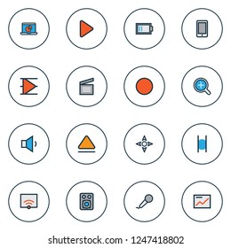 Media icons colored line set with smartphone, presentation, low battery and other volume down elements. Isolated vector illustration media icons.