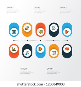 Media icons colored line set with photo apparatus, wifi, play and other slow forward elements. Isolated vector illustration media icons.