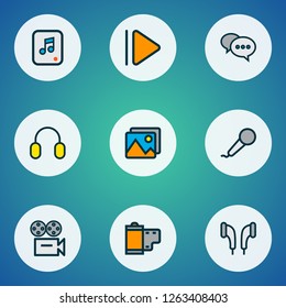 Media icons colored line set with earmuff, headphone, comment and other headphone elements. Isolated vector illustration media icons.
