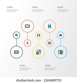 Media icons colored line set with charge, enlarge, photo apparatus and other maximize elements. Isolated vector illustration media icons.