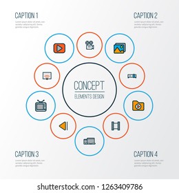 Media icons colored line set with slow backward, picture, projector and other film elements. Isolated vector illustration media icons.