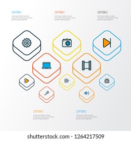 Media icons colored line set with end, video, tv and other television elements. Isolated vector illustration media icons.
