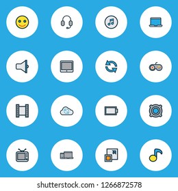 Media icons colored line set with quarter, video, tv and other cloud elements. Isolated vector illustration media icons.