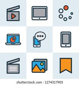 Media icons colored line set with clapperboard, smartphone, picture and other cinema clap elements. Isolated vector illustration media icons.
