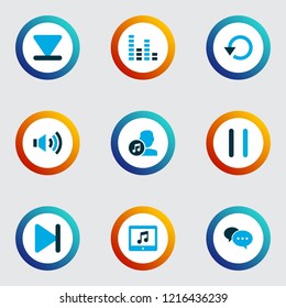 Media icons colored set with arrow down, comment, pause and other stop elements. Isolated vector illustration media icons.