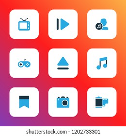 Media icons colored set with bookmark, film, upward and other camera elements. Isolated vector illustration media icons.