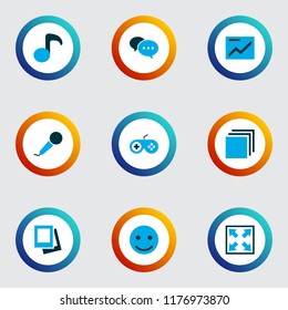 Media icons colored set with comment, musical note, emoji and other enlarge elements. Isolated vector illustration media icons.