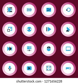 Media icons colored set with computer mouse, upward, presentation and other repeat elements. Isolated vector illustration media icons.