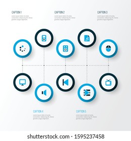 Media icons colored set with display, loading, amplifier and other speaker elements. Isolated vector illustration media icons.